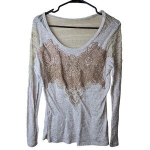 Venus Long Sleeve Lace-Inset Crochet Henley Top Y2K Style L
